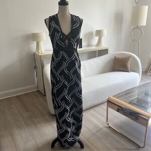 Black & White Embroidered Plunging V Neck Gown